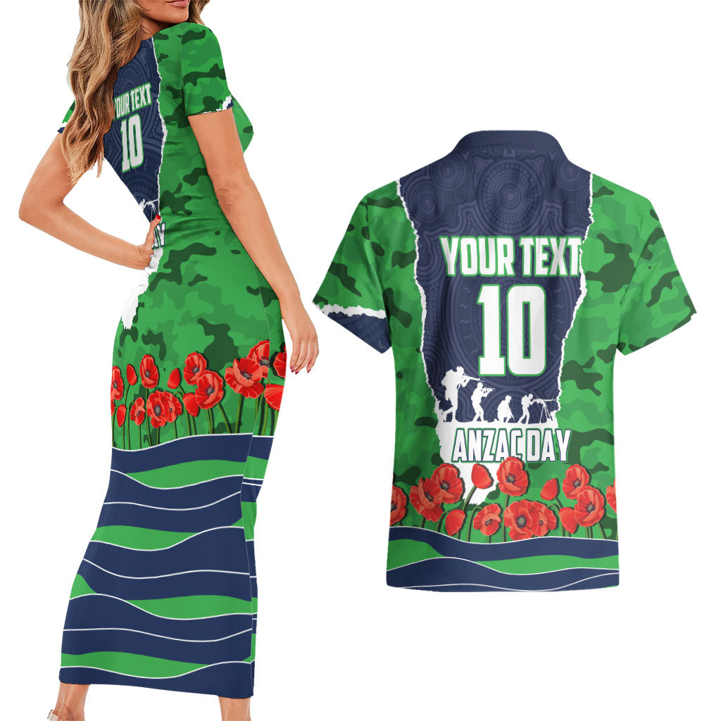 Personalized Canberra Raiders ANZAC Tribute Couples Matching Short Sleeve Bodycon Dress and Hawaiian Shirt Poppy Field Soldier Silhouette Aboriginal Rugby Mascot