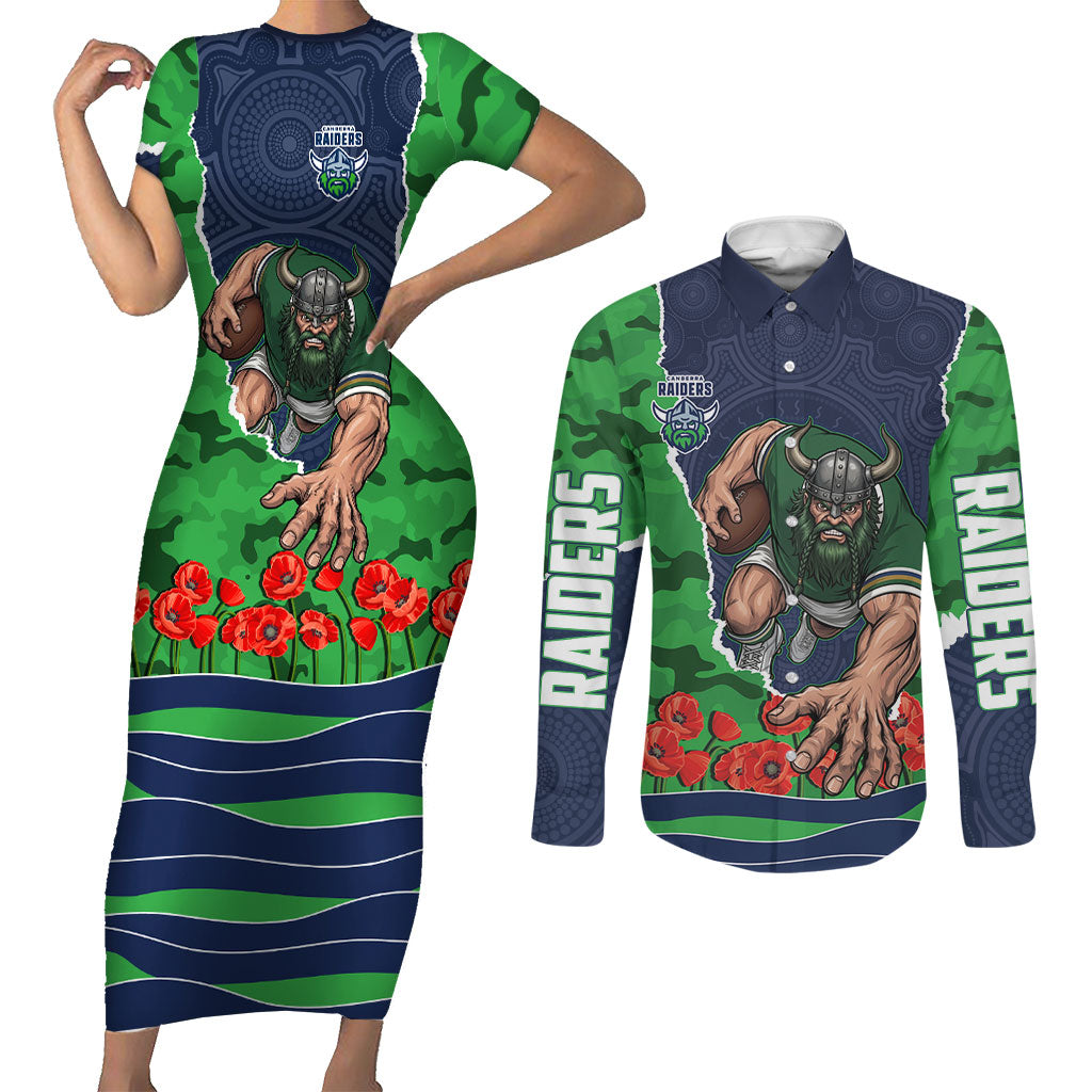 Personalized Canberra Raiders ANZAC Tribute Couples Matching Short Sleeve Bodycon Dress and Long Sleeve Button Shirt Poppy Field Soldier Silhouette Aboriginal Rugby Mascot