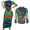 Personalized Canberra Raiders ANZAC Tribute Couples Matching Short Sleeve Bodycon Dress and Long Sleeve Button Shirt Poppy Field Soldier Silhouette Aboriginal Rugby Mascot