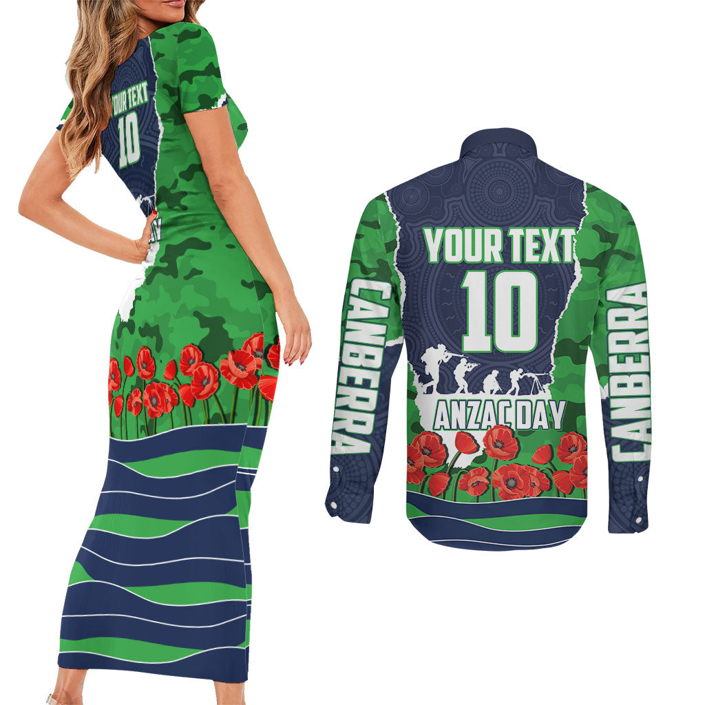 Personalized Canberra Raiders ANZAC Tribute Couples Matching Short Sleeve Bodycon Dress and Long Sleeve Button Shirt Poppy Field Soldier Silhouette Aboriginal Rugby Mascot