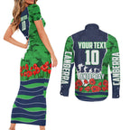 Personalized Canberra Raiders ANZAC Tribute Couples Matching Short Sleeve Bodycon Dress and Long Sleeve Button Shirt Poppy Field Soldier Silhouette Aboriginal Rugby Mascot