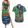 Personalized Canberra Raiders ANZAC Tribute Couples Matching Summer Maxi Dress and Hawaiian Shirt Poppy Field Soldier Silhouette Aboriginal Rugby Mascot