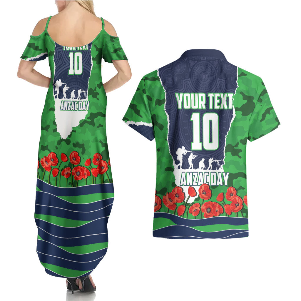 Personalized Canberra Raiders ANZAC Tribute Couples Matching Summer Maxi Dress and Hawaiian Shirt Poppy Field Soldier Silhouette Aboriginal Rugby Mascot