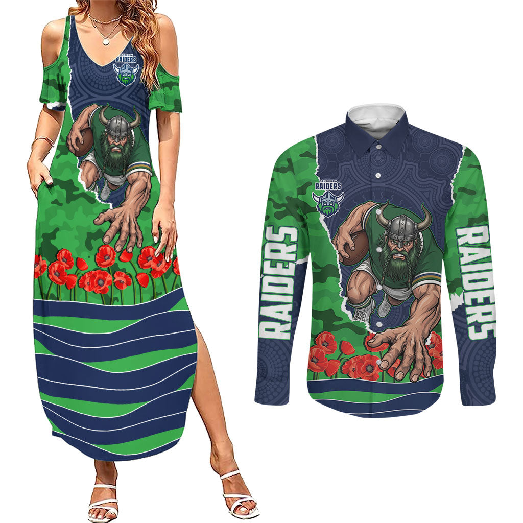 Personalized Canberra Raiders ANZAC Tribute Couples Matching Summer Maxi Dress and Long Sleeve Button Shirt Poppy Field Soldier Silhouette Aboriginal Rugby Mascot