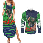 Personalized Canberra Raiders ANZAC Tribute Couples Matching Summer Maxi Dress and Long Sleeve Button Shirt Poppy Field Soldier Silhouette Aboriginal Rugby Mascot