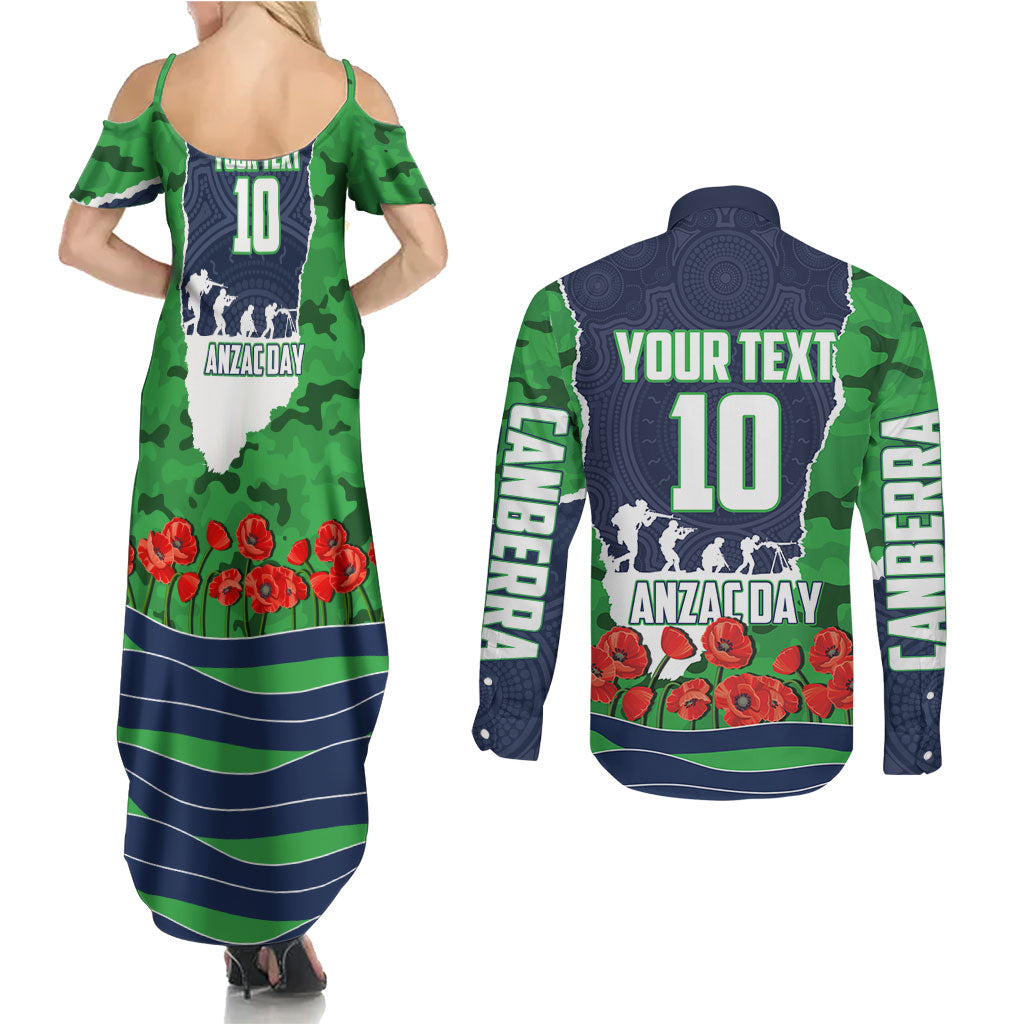 Personalized Canberra Raiders ANZAC Tribute Couples Matching Summer Maxi Dress and Long Sleeve Button Shirt Poppy Field Soldier Silhouette Aboriginal Rugby Mascot
