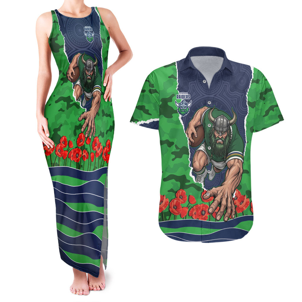 Personalized Canberra Raiders ANZAC Tribute Couples Matching Tank Maxi Dress and Hawaiian Shirt Poppy Field Soldier Silhouette Aboriginal Rugby Mascot