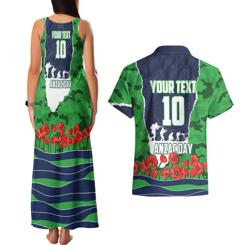 Personalized Canberra Raiders ANZAC Tribute Couples Matching Tank Maxi Dress and Hawaiian Shirt Poppy Field Soldier Silhouette Aboriginal Rugby Mascot