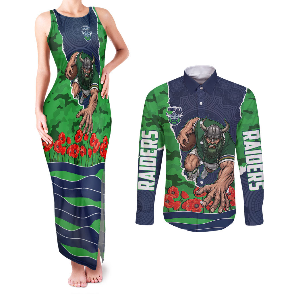 Personalized Canberra Raiders ANZAC Tribute Couples Matching Tank Maxi Dress and Long Sleeve Button Shirt Poppy Field Soldier Silhouette Aboriginal Rugby Mascot