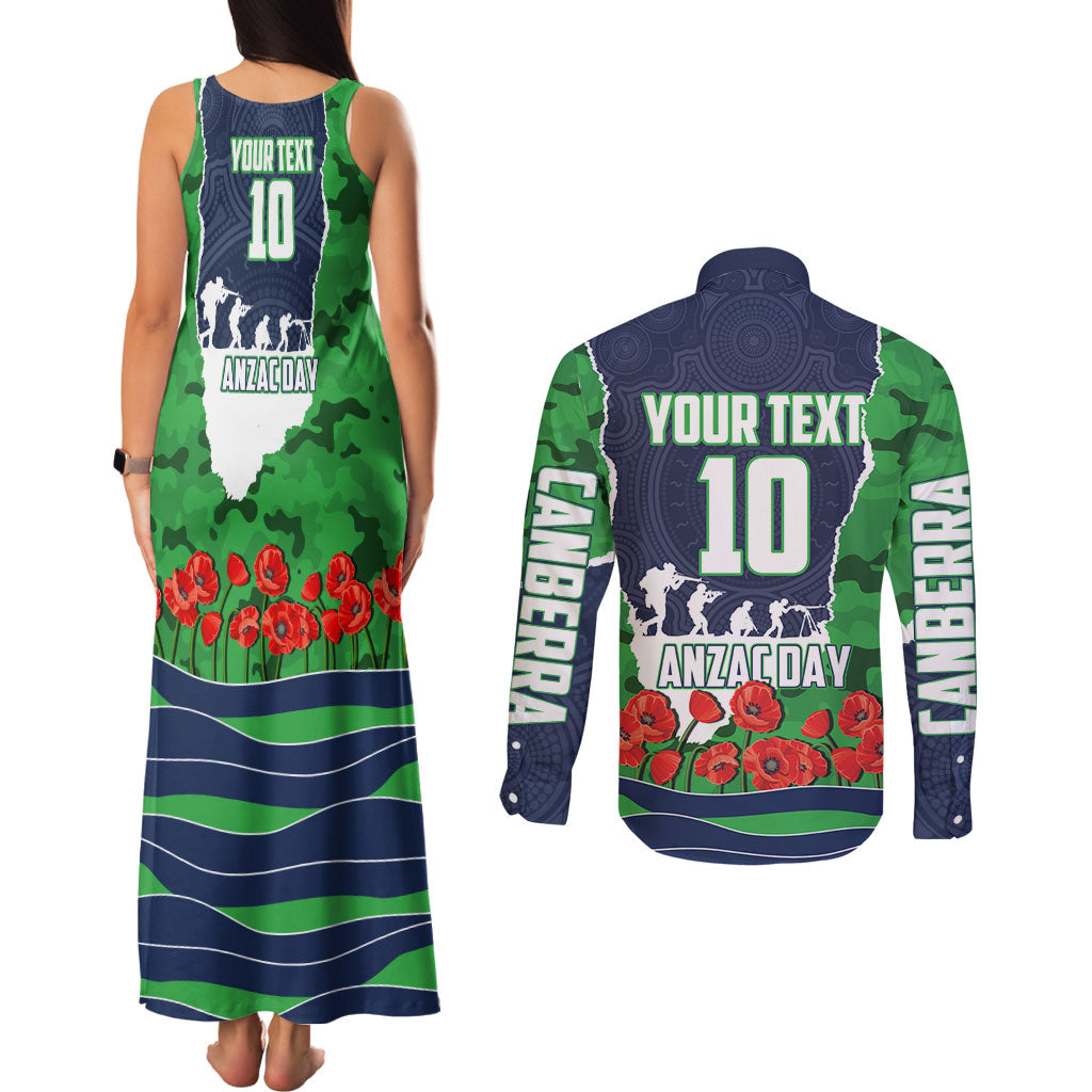 Personalized Canberra Raiders ANZAC Tribute Couples Matching Tank Maxi Dress and Long Sleeve Button Shirt Poppy Field Soldier Silhouette Aboriginal Rugby Mascot