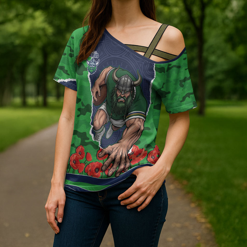 Personalized Canberra Raiders ANZAC Tribute Cross Shoulder Shirt Poppy Field Soldier Silhouette Aboriginal Rugby Mascot