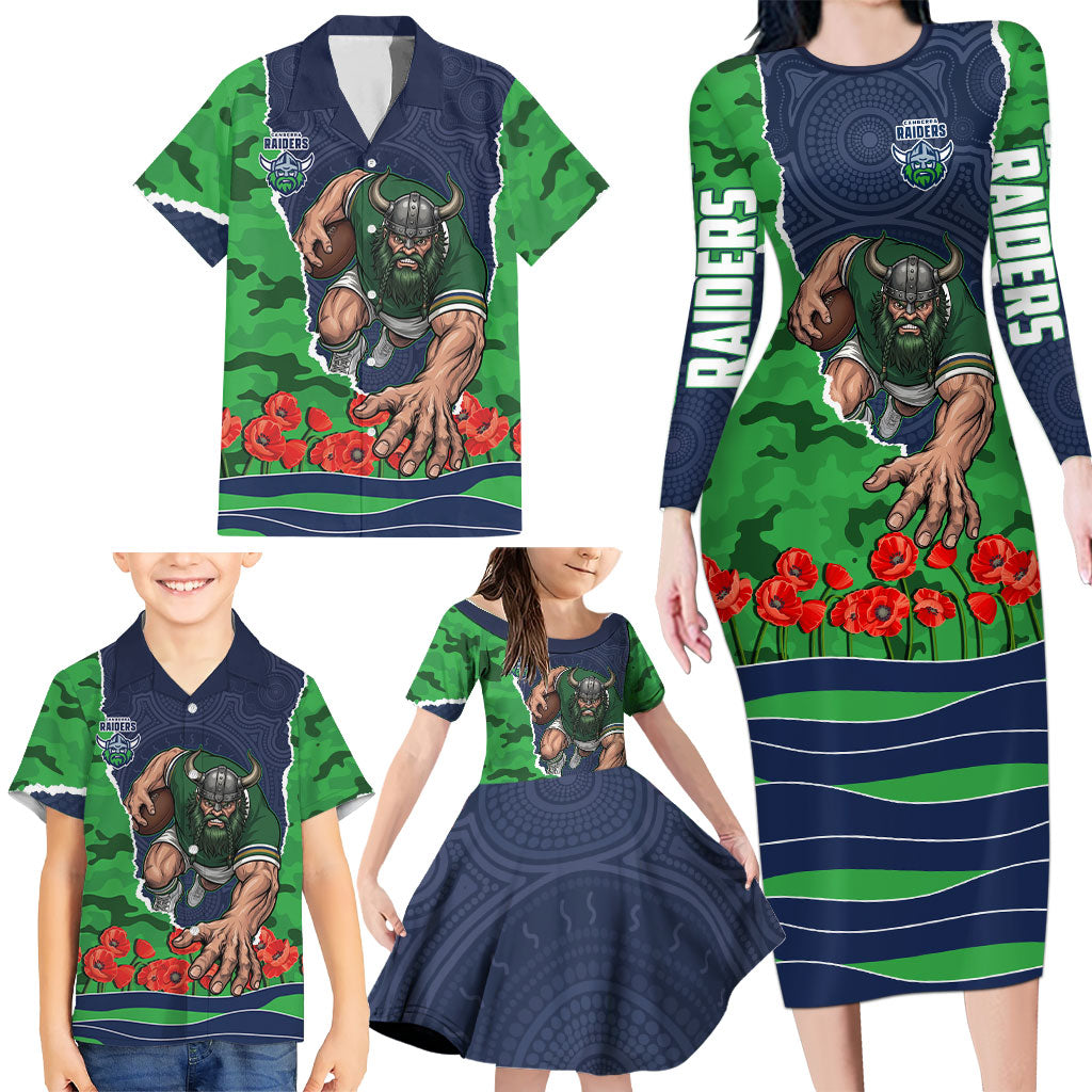 Personalized Canberra Raiders ANZAC Tribute Family Matching Long Sleeve Bodycon Dress and Hawaiian Shirt Poppy Field Soldier Silhouette Aboriginal Rugby Mascot
