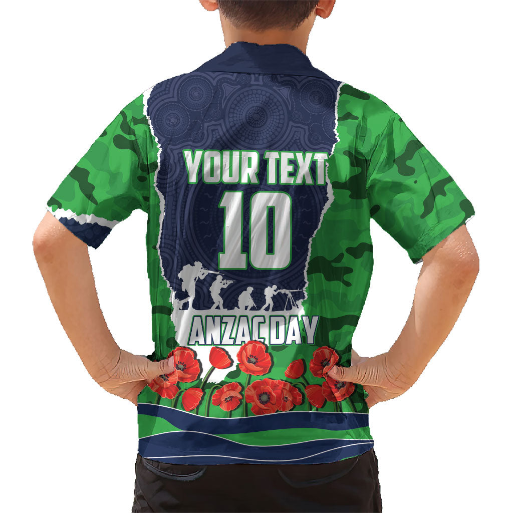 Personalized Canberra Raiders ANZAC Tribute Family Matching Long Sleeve Bodycon Dress and Hawaiian Shirt Poppy Field Soldier Silhouette Aboriginal Rugby Mascot