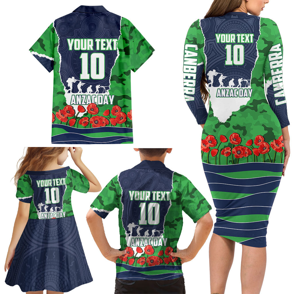 Personalized Canberra Raiders ANZAC Tribute Family Matching Long Sleeve Bodycon Dress and Hawaiian Shirt Poppy Field Soldier Silhouette Aboriginal Rugby Mascot
