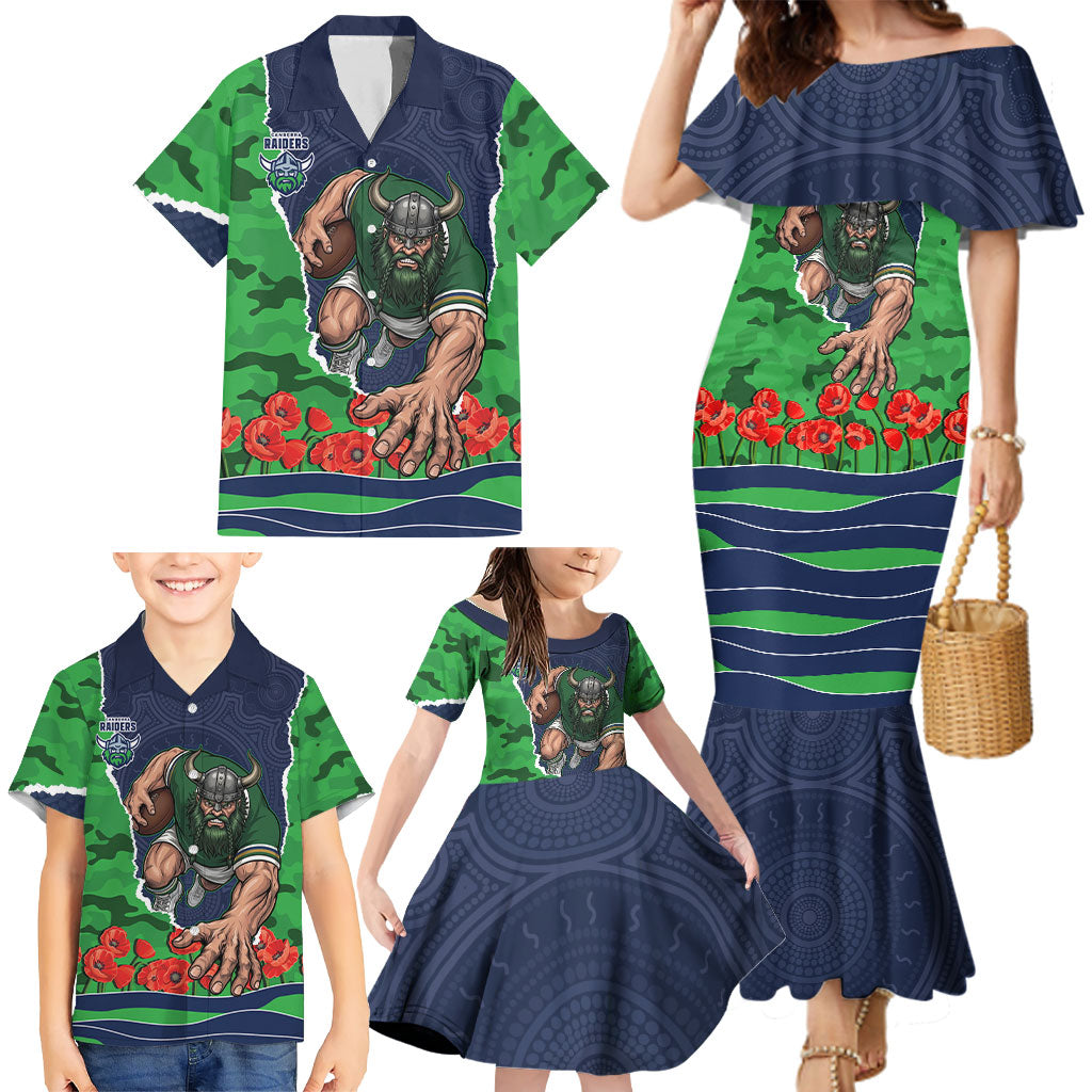 Personalized Canberra Raiders ANZAC Tribute Family Matching Mermaid Dress and Hawaiian Shirt Poppy Field Soldier Silhouette Aboriginal Rugby Mascot