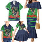 Personalized Canberra Raiders ANZAC Tribute Family Matching Mermaid Dress and Hawaiian Shirt Poppy Field Soldier Silhouette Aboriginal Rugby Mascot