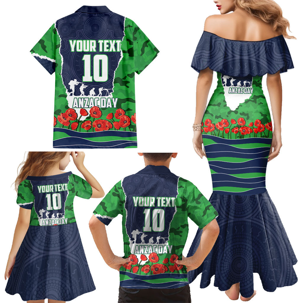 Personalized Canberra Raiders ANZAC Tribute Family Matching Mermaid Dress and Hawaiian Shirt Poppy Field Soldier Silhouette Aboriginal Rugby Mascot