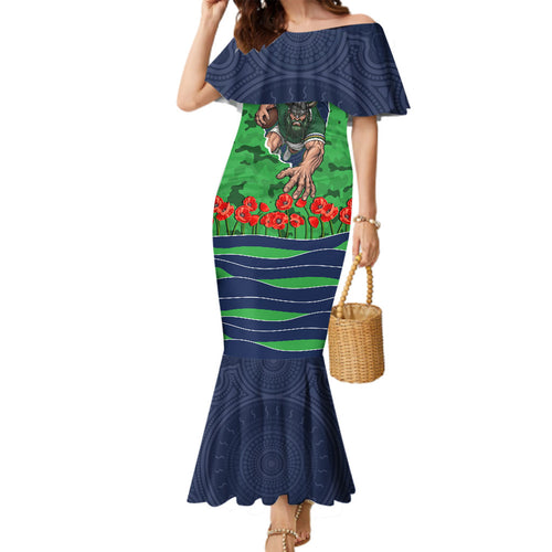 Personalized Canberra Raiders ANZAC Tribute Family Matching Mermaid Dress and Hawaiian Shirt Poppy Field Soldier Silhouette Aboriginal Rugby Mascot