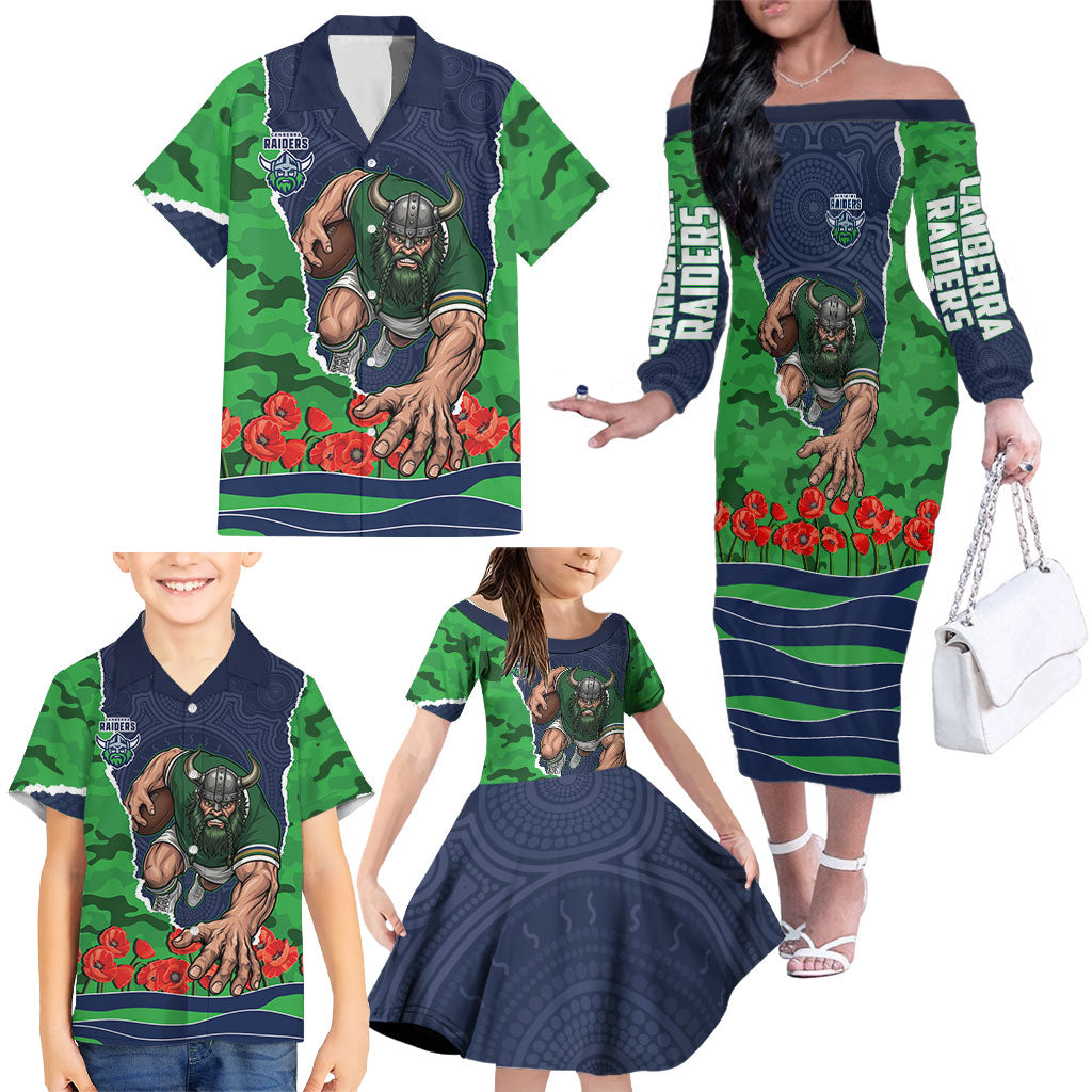 Personalized Canberra Raiders ANZAC Tribute Family Matching Off The Shoulder Long Sleeve Dress and Hawaiian Shirt Poppy Field Soldier Silhouette Aboriginal Rugby Mascot