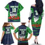 Personalized Canberra Raiders ANZAC Tribute Family Matching Off The Shoulder Long Sleeve Dress and Hawaiian Shirt Poppy Field Soldier Silhouette Aboriginal Rugby Mascot