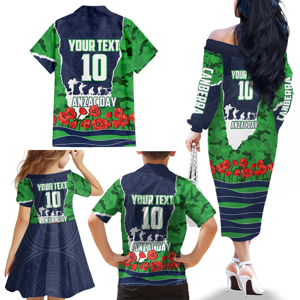 Personalized Canberra Raiders ANZAC Tribute Family Matching Off The Shoulder Long Sleeve Dress and Hawaiian Shirt Poppy Field Soldier Silhouette Aboriginal Rugby Mascot