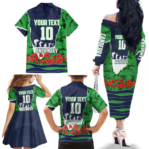 Personalized Canberra Raiders ANZAC Tribute Family Matching Off The Shoulder Long Sleeve Dress and Hawaiian Shirt Poppy Field Soldier Silhouette Aboriginal Rugby Mascot