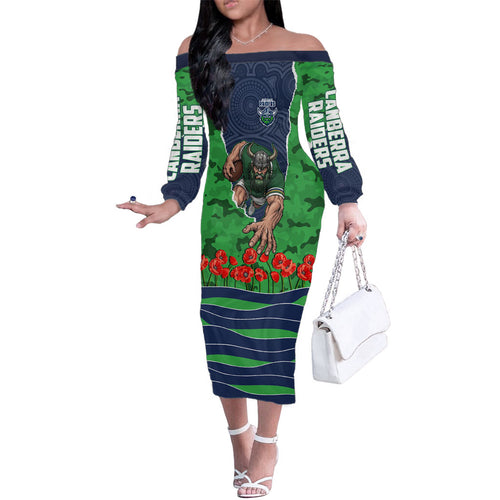 Personalized Canberra Raiders ANZAC Tribute Family Matching Off The Shoulder Long Sleeve Dress and Hawaiian Shirt Poppy Field Soldier Silhouette Aboriginal Rugby Mascot