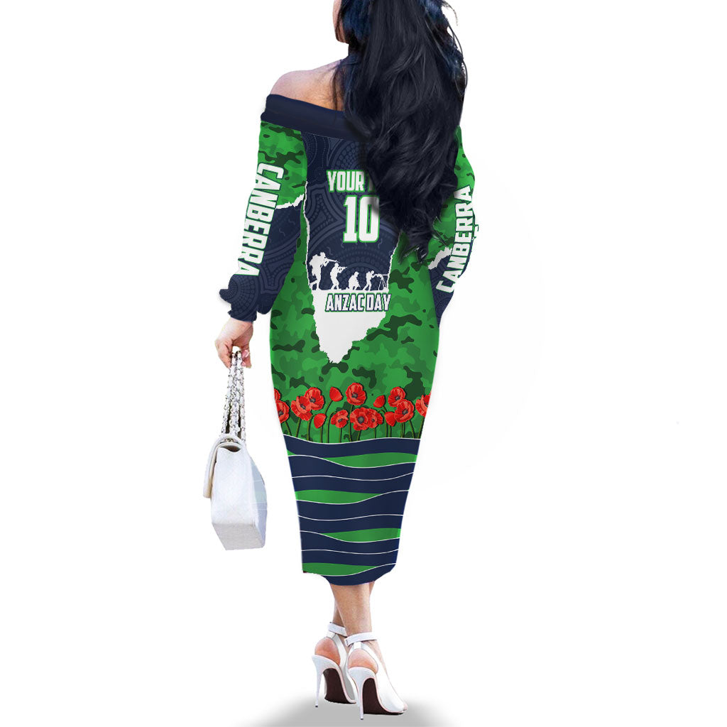 Personalized Canberra Raiders ANZAC Tribute Family Matching Off The Shoulder Long Sleeve Dress and Hawaiian Shirt Poppy Field Soldier Silhouette Aboriginal Rugby Mascot
