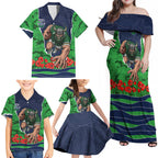 Personalized Canberra Raiders ANZAC Tribute Family Matching Off Shoulder Maxi Dress and Hawaiian Shirt Poppy Field Soldier Silhouette Aboriginal Rugby Mascot