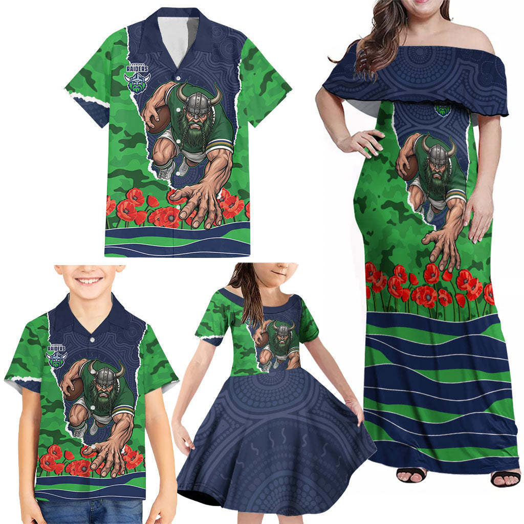 Personalized Canberra Raiders ANZAC Tribute Family Matching Off Shoulder Maxi Dress and Hawaiian Shirt Poppy Field Soldier Silhouette Aboriginal Rugby Mascot