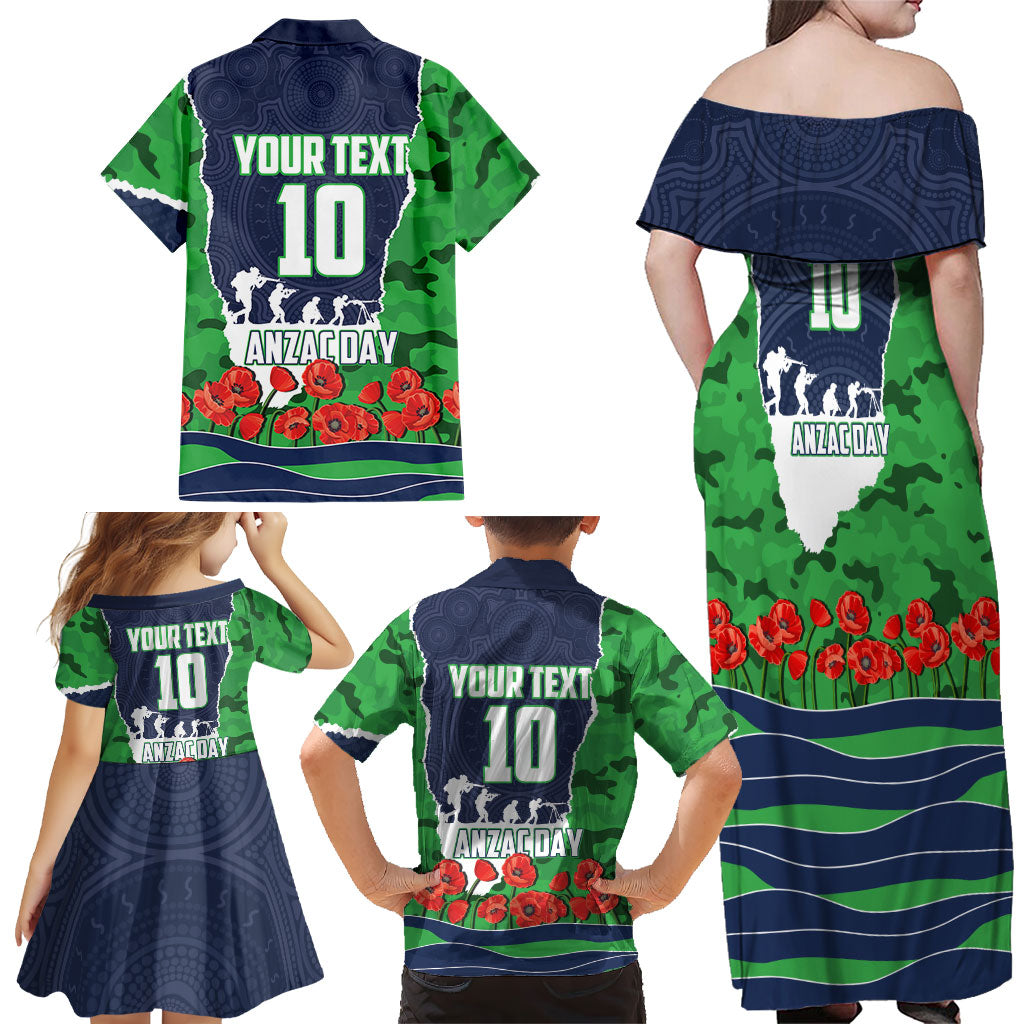 Personalized Canberra Raiders ANZAC Tribute Family Matching Off Shoulder Maxi Dress and Hawaiian Shirt Poppy Field Soldier Silhouette Aboriginal Rugby Mascot
