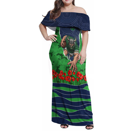 Personalized Canberra Raiders ANZAC Tribute Family Matching Off Shoulder Maxi Dress and Hawaiian Shirt Poppy Field Soldier Silhouette Aboriginal Rugby Mascot