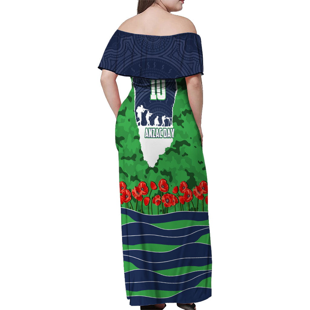 Personalized Canberra Raiders ANZAC Tribute Family Matching Off Shoulder Maxi Dress and Hawaiian Shirt Poppy Field Soldier Silhouette Aboriginal Rugby Mascot