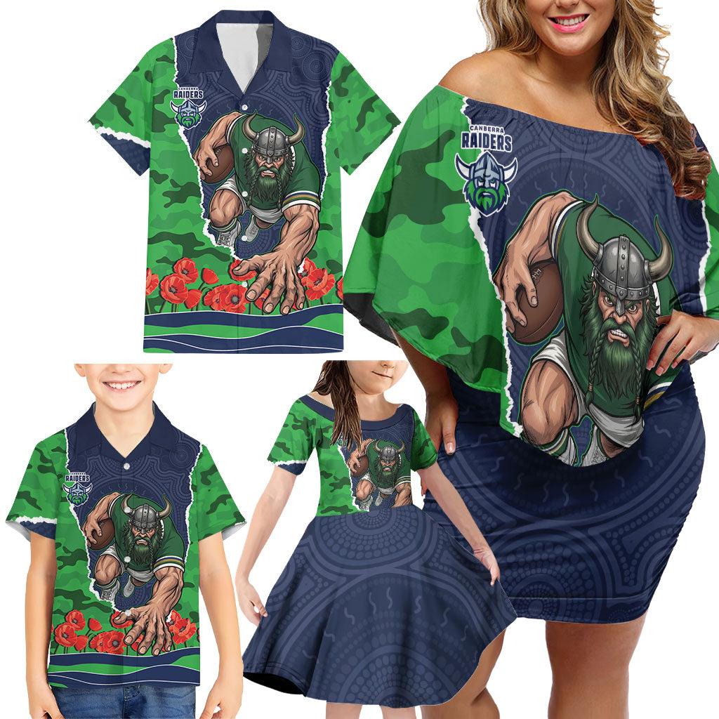 Personalized Canberra Raiders ANZAC Tribute Family Matching Off Shoulder Short Dress and Hawaiian Shirt Poppy Field Soldier Silhouette Aboriginal Rugby Mascot