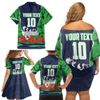 Personalized Canberra Raiders ANZAC Tribute Family Matching Off Shoulder Short Dress and Hawaiian Shirt Poppy Field Soldier Silhouette Aboriginal Rugby Mascot