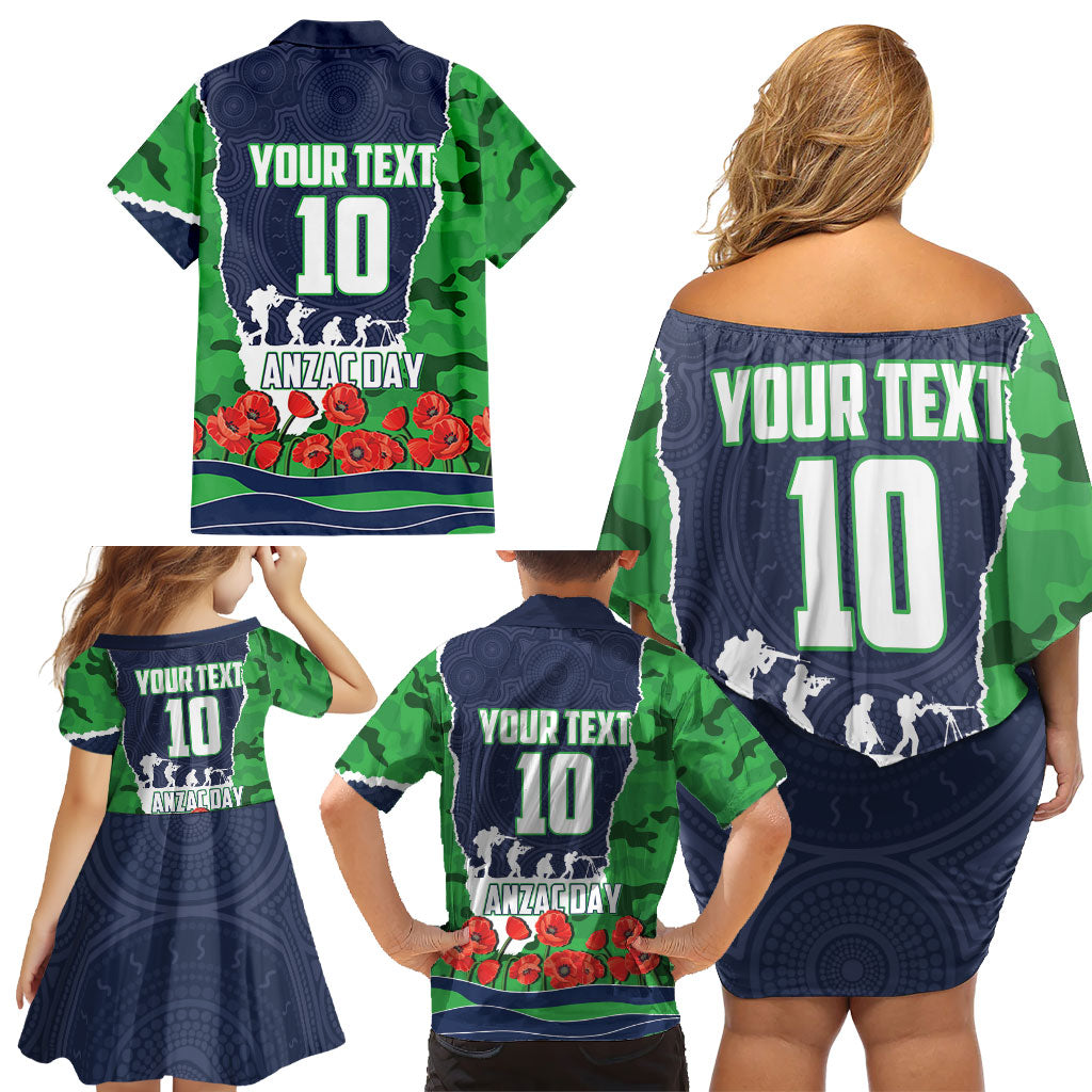 Personalized Canberra Raiders ANZAC Tribute Family Matching Off Shoulder Short Dress and Hawaiian Shirt Poppy Field Soldier Silhouette Aboriginal Rugby Mascot