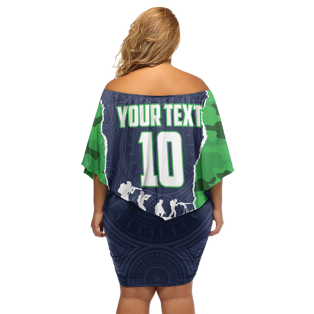 Personalized Canberra Raiders ANZAC Tribute Family Matching Off Shoulder Short Dress and Hawaiian Shirt Poppy Field Soldier Silhouette Aboriginal Rugby Mascot