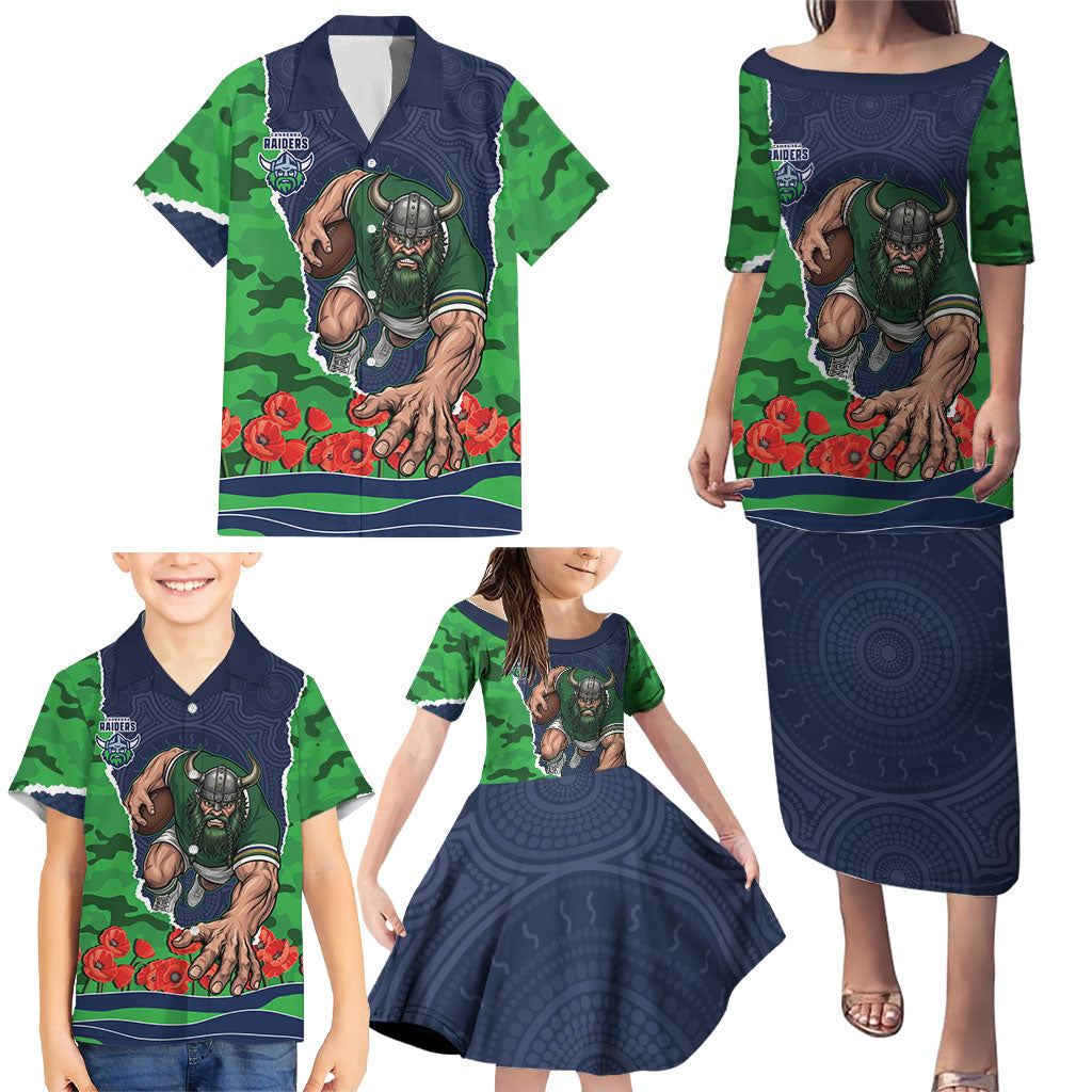 Personalized Canberra Raiders ANZAC Tribute Family Matching Puletasi and Hawaiian Shirt Poppy Field Soldier Silhouette Aboriginal Rugby Mascot