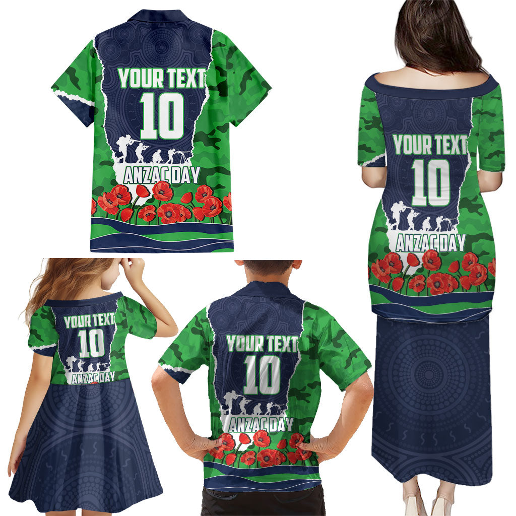 Personalized Canberra Raiders ANZAC Tribute Family Matching Puletasi and Hawaiian Shirt Poppy Field Soldier Silhouette Aboriginal Rugby Mascot