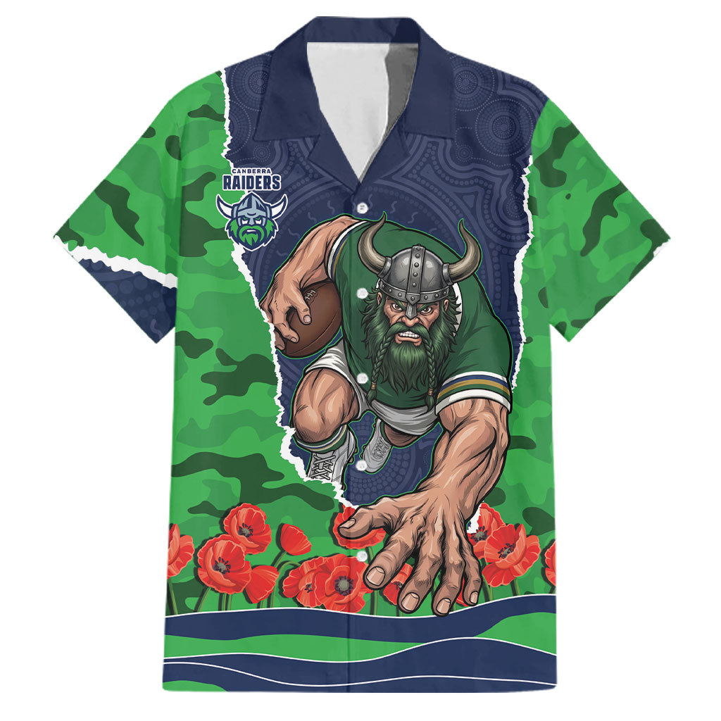 Personalized Canberra Raiders ANZAC Tribute Family Matching Puletasi and Hawaiian Shirt Poppy Field Soldier Silhouette Aboriginal Rugby Mascot