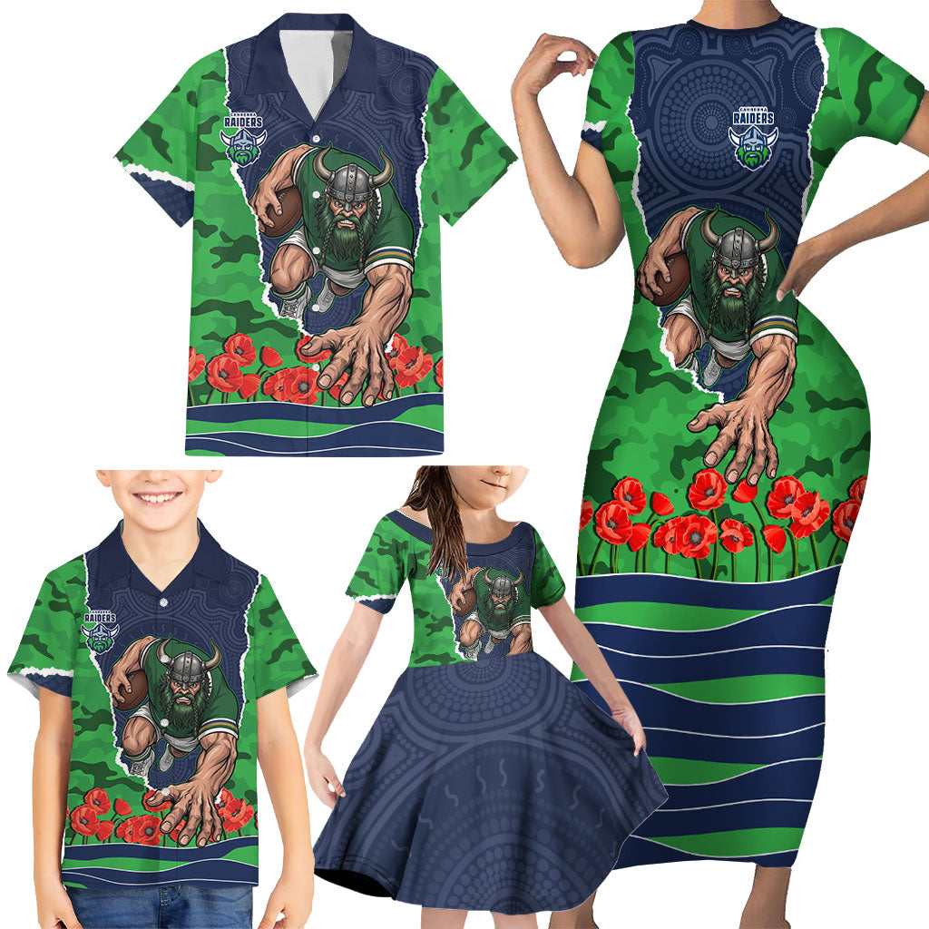 Personalized Canberra Raiders ANZAC Tribute Family Matching Short Sleeve Bodycon Dress and Hawaiian Shirt Poppy Field Soldier Silhouette Aboriginal Rugby Mascot