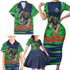 Personalized Canberra Raiders ANZAC Tribute Family Matching Short Sleeve Bodycon Dress and Hawaiian Shirt Poppy Field Soldier Silhouette Aboriginal Rugby Mascot