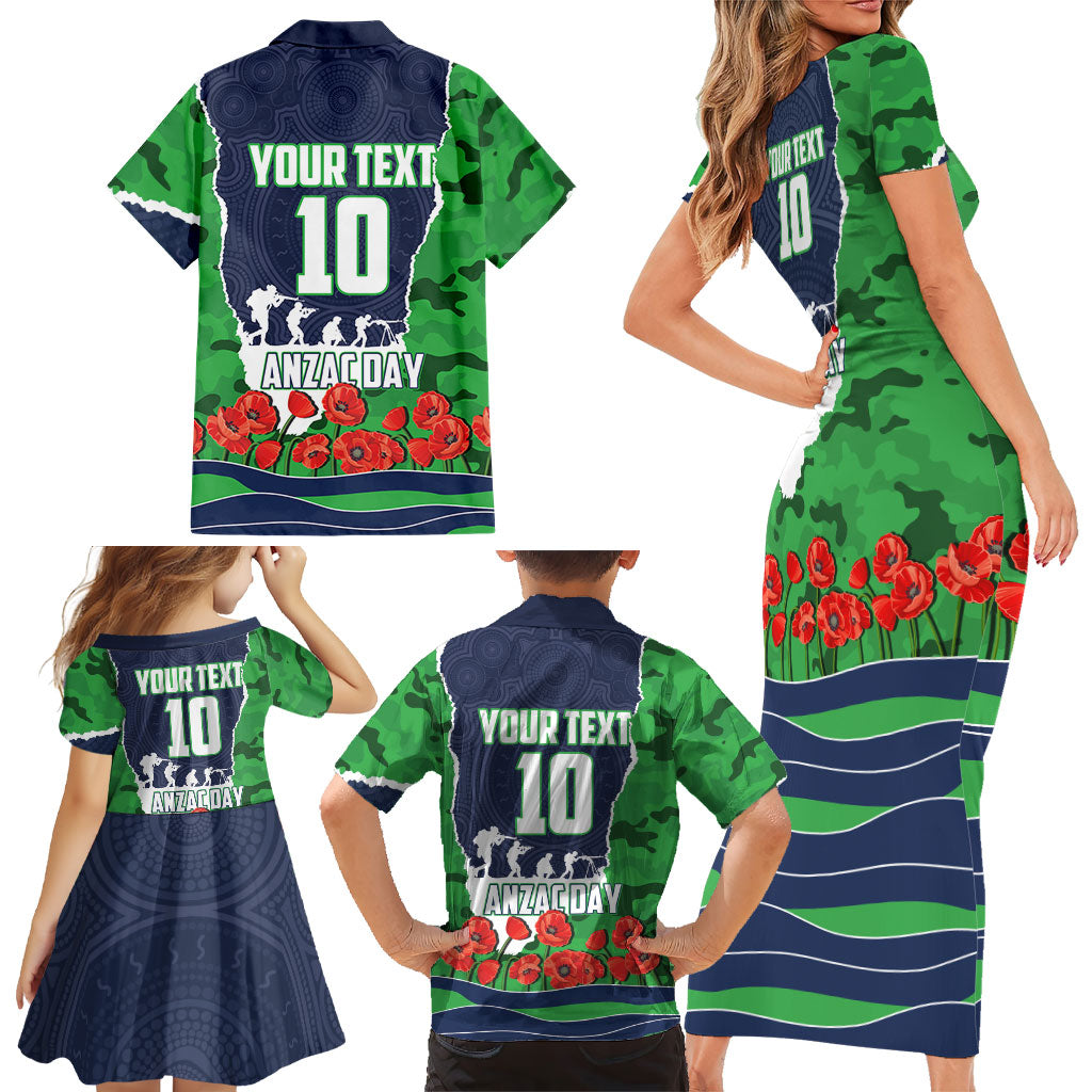 Personalized Canberra Raiders ANZAC Tribute Family Matching Short Sleeve Bodycon Dress and Hawaiian Shirt Poppy Field Soldier Silhouette Aboriginal Rugby Mascot