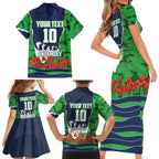 Personalized Canberra Raiders ANZAC Tribute Family Matching Short Sleeve Bodycon Dress and Hawaiian Shirt Poppy Field Soldier Silhouette Aboriginal Rugby Mascot