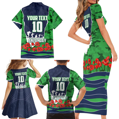Personalized Canberra Raiders ANZAC Tribute Family Matching Short Sleeve Bodycon Dress and Hawaiian Shirt Poppy Field Soldier Silhouette Aboriginal Rugby Mascot