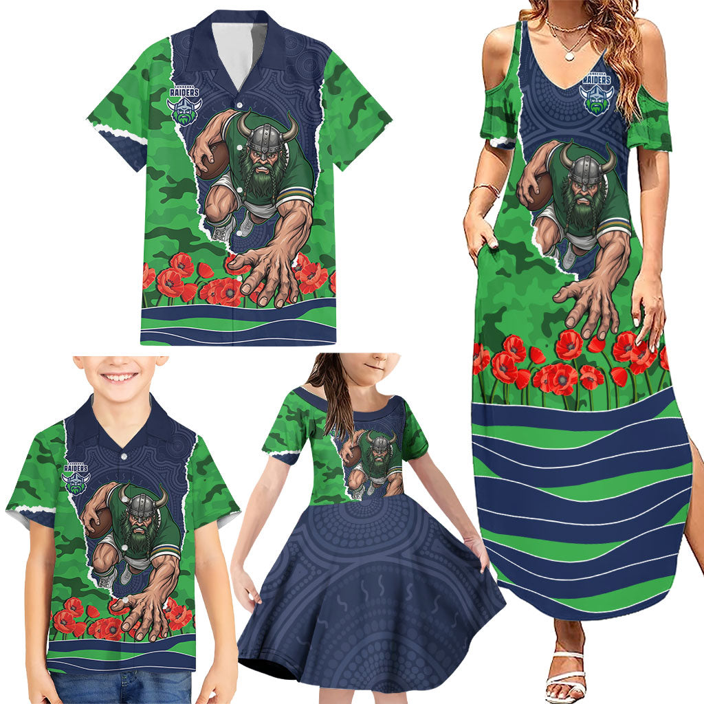 Personalized Canberra Raiders ANZAC Tribute Family Matching Summer Maxi Dress and Hawaiian Shirt Poppy Field Soldier Silhouette Aboriginal Rugby Mascot