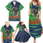 Personalized Canberra Raiders ANZAC Tribute Family Matching Summer Maxi Dress and Hawaiian Shirt Poppy Field Soldier Silhouette Aboriginal Rugby Mascot