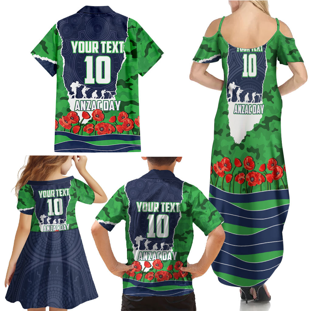 Personalized Canberra Raiders ANZAC Tribute Family Matching Summer Maxi Dress and Hawaiian Shirt Poppy Field Soldier Silhouette Aboriginal Rugby Mascot