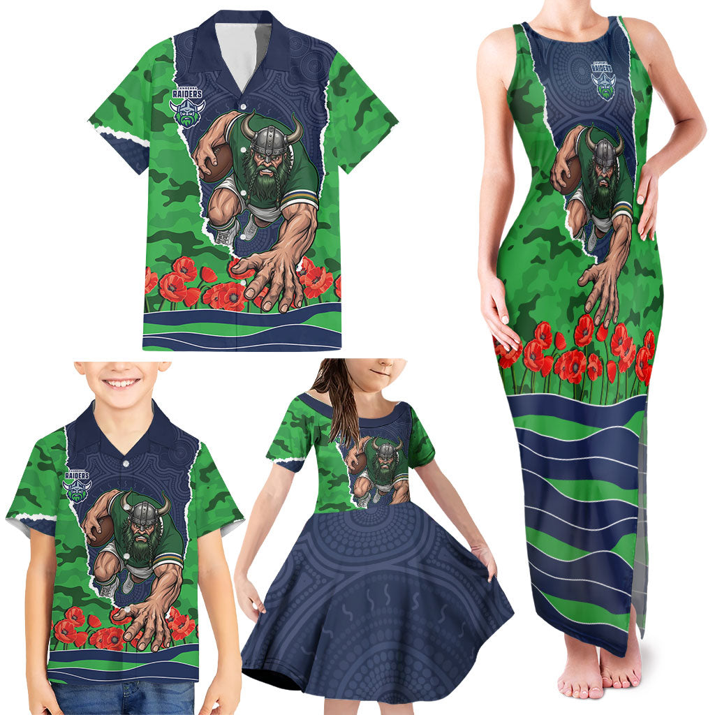 Personalized Canberra Raiders ANZAC Tribute Family Matching Tank Maxi Dress and Hawaiian Shirt Poppy Field Soldier Silhouette Aboriginal Rugby Mascot