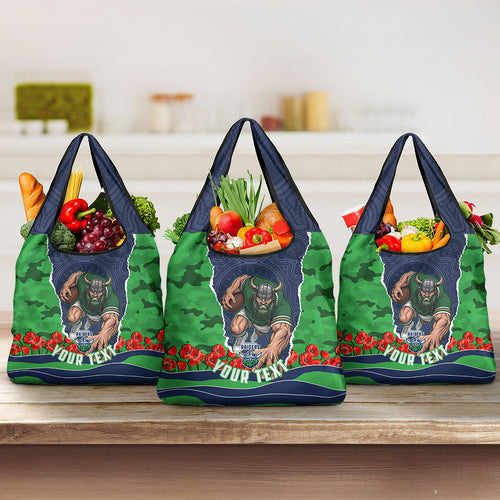 Personalized Canberra Raiders ANZAC Tribute Grocery Bag Poppy Field Soldier Silhouette Aboriginal Rugby Mascot
